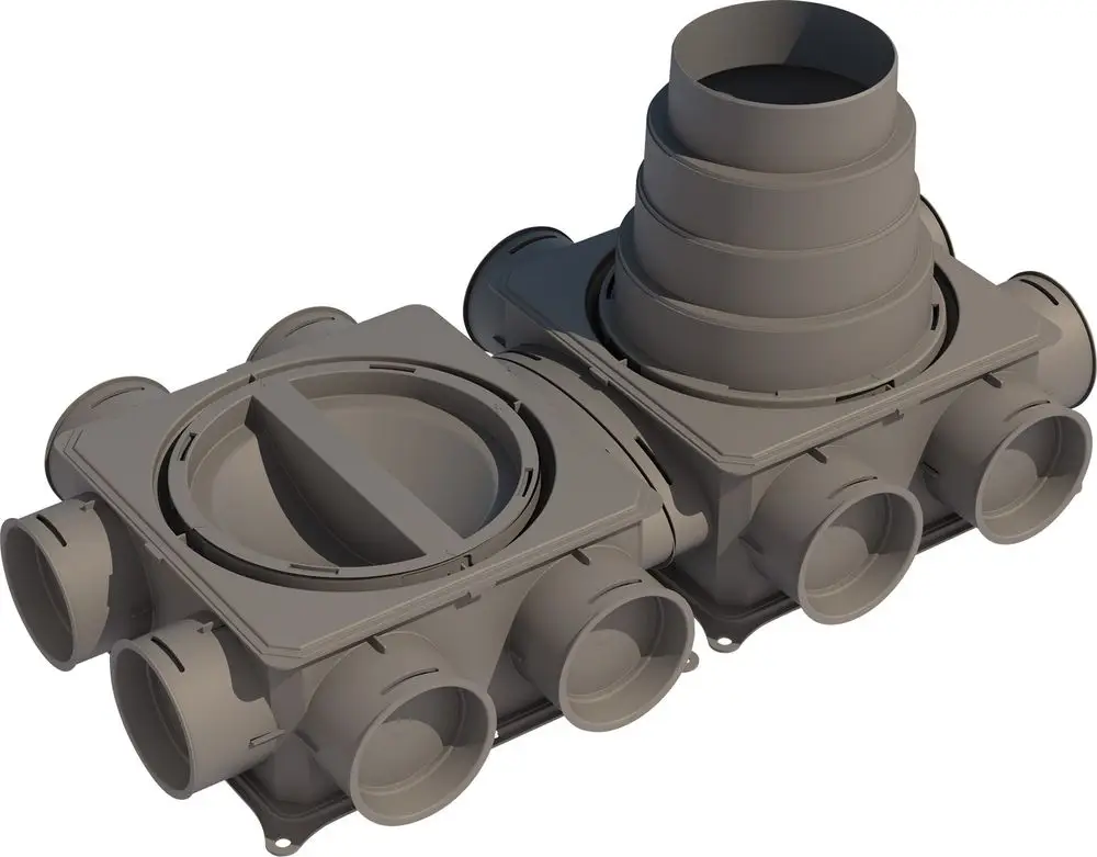 Luftverteilkasten aus Kunststoff, horizontal angeordnet, mit mehreren Anschlussöffnungen. Kompatibel mit Lüftungssystemen von Bosch.